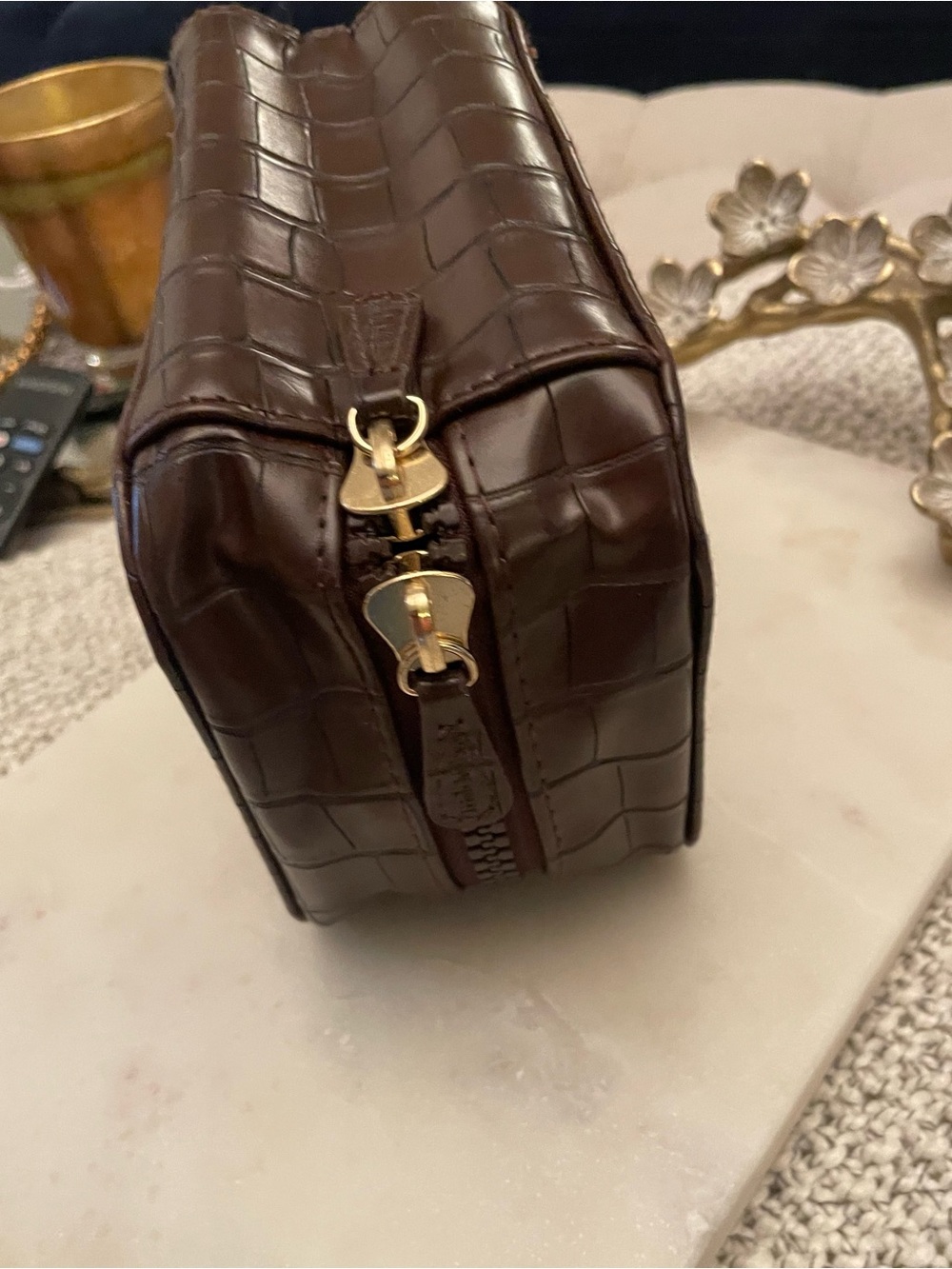 Trish McEvoy Croc-Embossed Brown Cosmetic Case with Gold Hardware